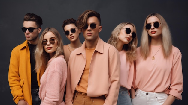 Группа людей в розовых рубашках и джинсах стоит в очереди.