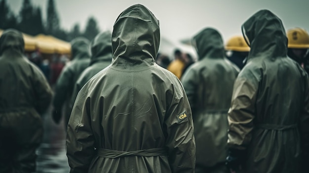 A group of people wearing raincoats stand in a crowd.