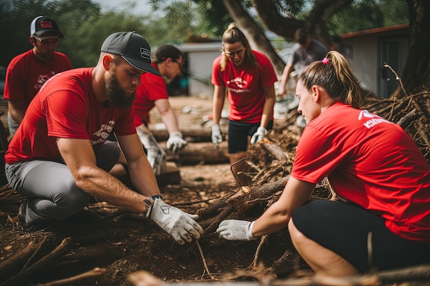 A group of people wearing red shirts and gloves