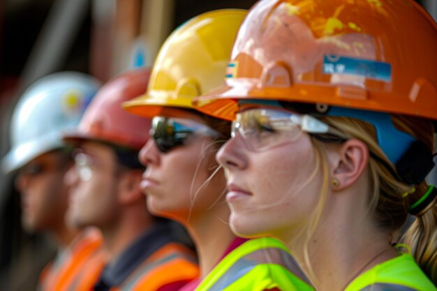 a group of people wearing safety helmets and wearing safety vests