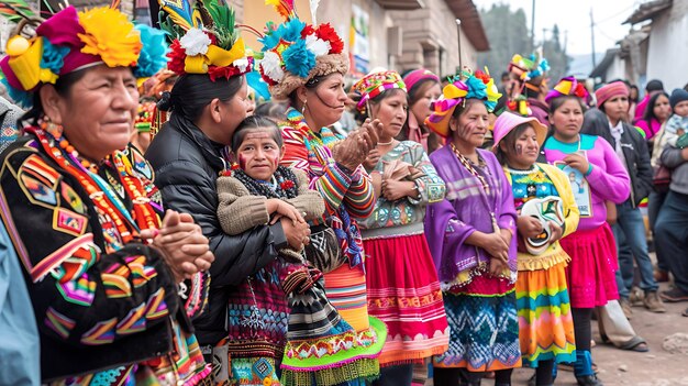 A group of people wearing traditional clothing are gathered together