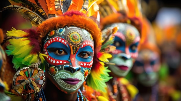 A group of people wearing traditional masks are displayed