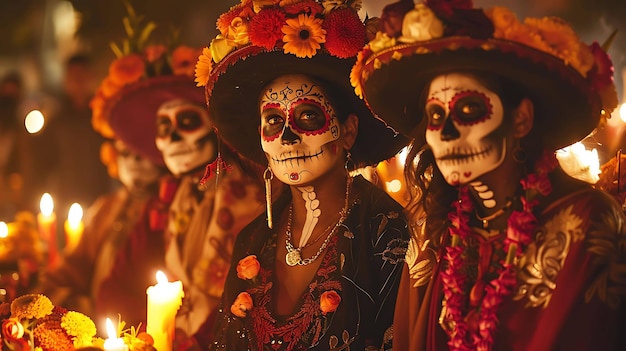 A group of people wearing traditional Mexican costumes and face paint for the Day of the Dead celebration