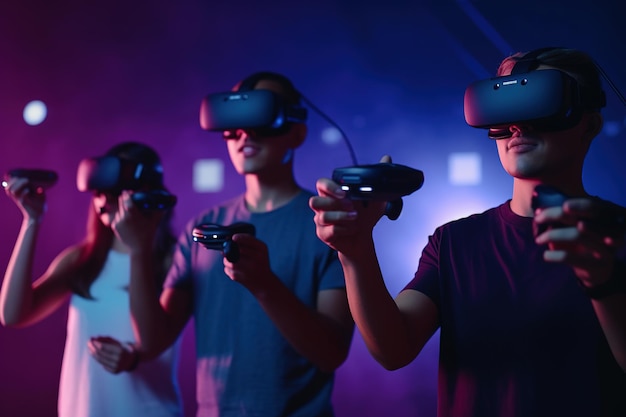 Photo a group of people wearing virtual reality glasses and playing games generative ai