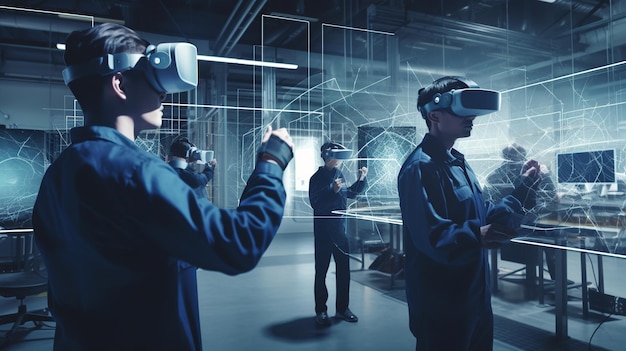 A group of people wearing vr goggles in a dark room.