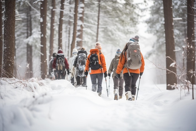 Group of people wearing winter clothes walking with snowshoes in a snowy forest