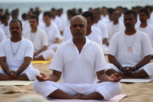 하얀 옷을 입은 사람들이 해변에서 명상을 하고 있습니다. International Day of Yoga