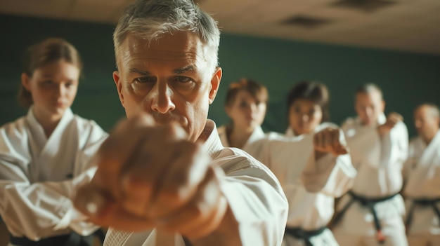 Photo a group of people in white kimonos are practicing karate in a dojo the focus is on a man in the front row who is punching with determination