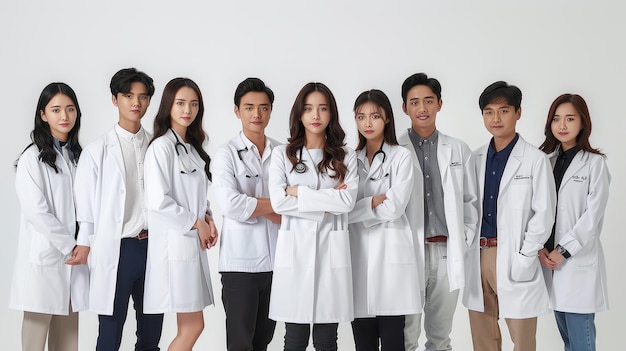 Photo a group of people in white lab coats are posing for a photo
