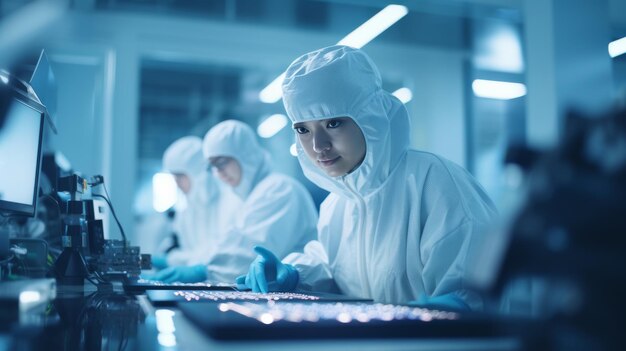 Группа людей в белых лабораторных халатах, занимающихся научной работой