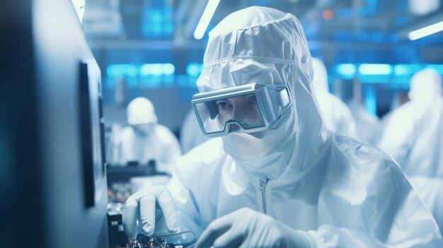 Группа людей в белых лабораторных халатах, занимающихся научной работой