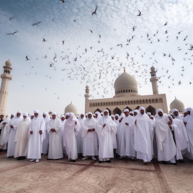 A Group of People in White Robes Stand