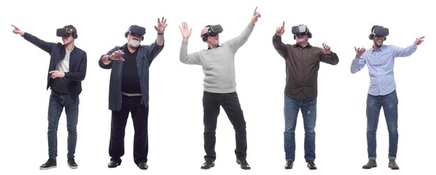 Photo group of people with 3d glasses hands up isolated