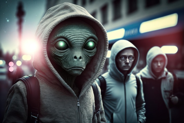 A group of people with alien eyes and hoodies