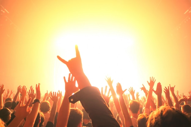 group of people with arms raised at music concert