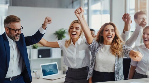 a group of people with arms up one of them is wearing a white shirt and the other has a smile on her face