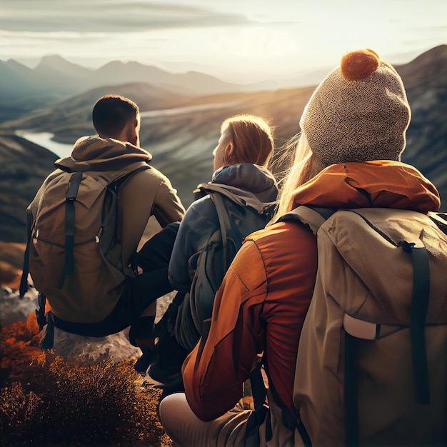 A group of people with backpacks on a mountain