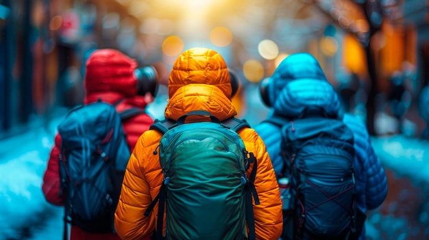 Group of People With Backpacks Walking Down a Street Generative AI