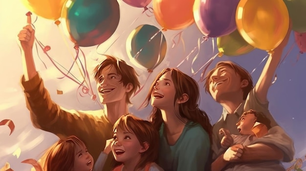 A group of people with balloons in the background