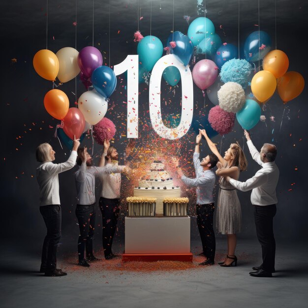 A group of people with balloons in front of a sign that says 10.