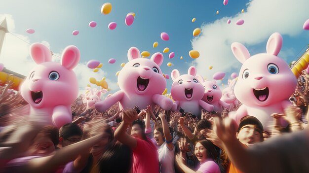 Photo a group of people with balloons and a pig with the words piggy bank on the bottom