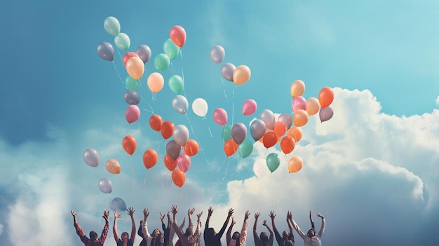 A group of people with balloons that say " happy birthday " on the sky.