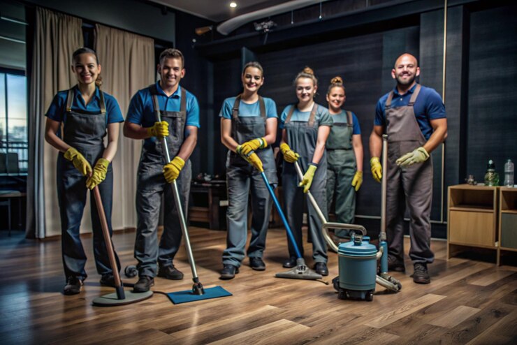 A group of people with blue and white uniforms and blue uniforms clean in office