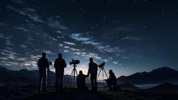 a group of people with cameras on a mountain top