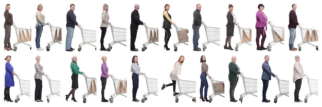 Group of people with cart looking at camera isolated