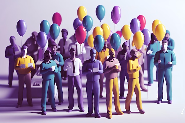 A group of people with colorful balloons in front of them.