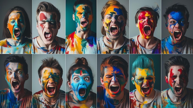A group of people with colorful paint on their faces are screaming They are all wearing white shirts and have their eyes closed