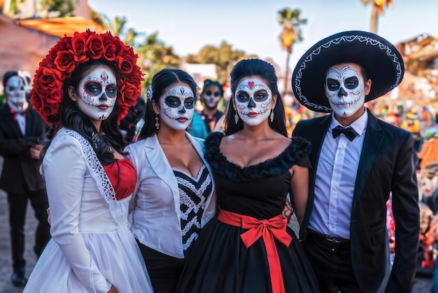 Group of people with Dia de los Muertos make up and clothes on city street Day of the Dead celebration