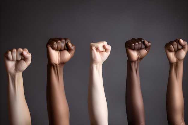 a group of people with different skin tones holding their fists in a row.