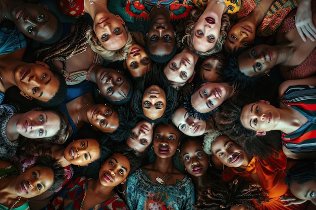 a group of people with faces all around them