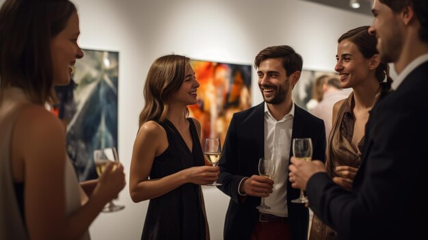 Group of people with glasses stand during an exhibition at the gallery