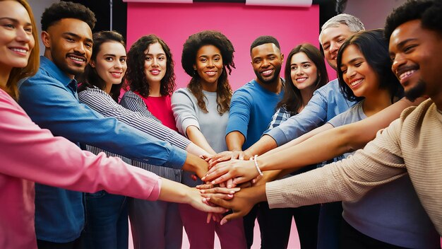 a group of people with hands around each other