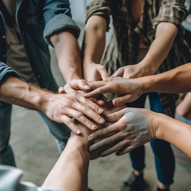 a group of people with hands together with one being held up