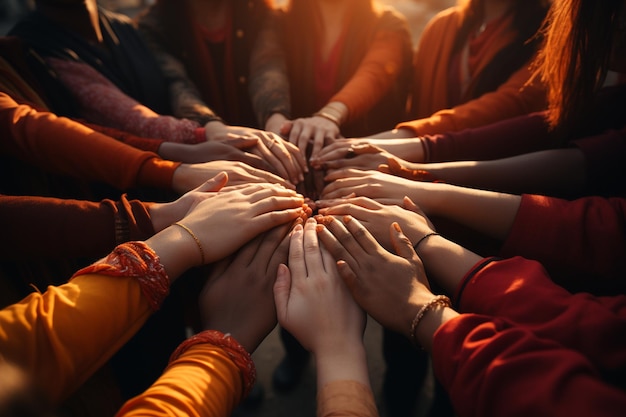 A group of people with hands together with one holding a stack of hands.