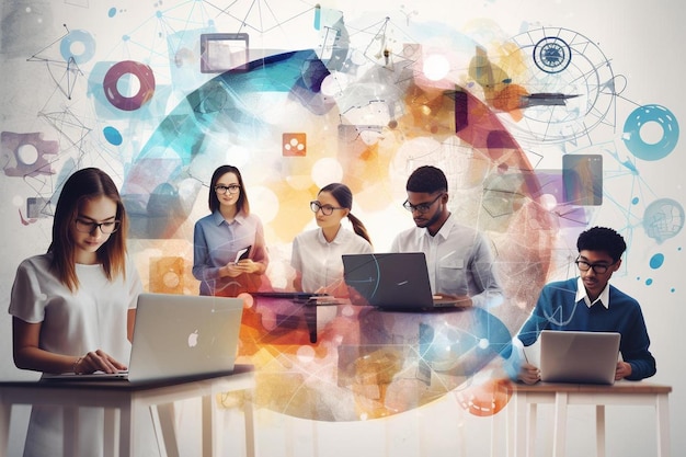 A group of people with laptops and the word team on the screen.