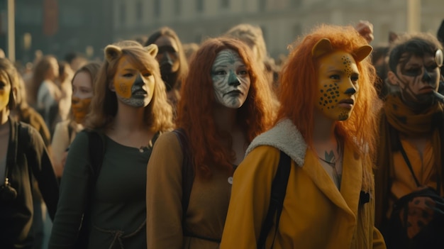 A group of people with lion face paint on their faces