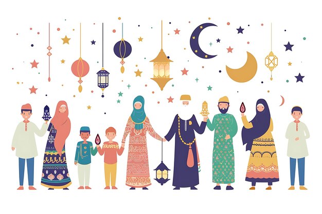Photo a group of people with a moon and lanterns
