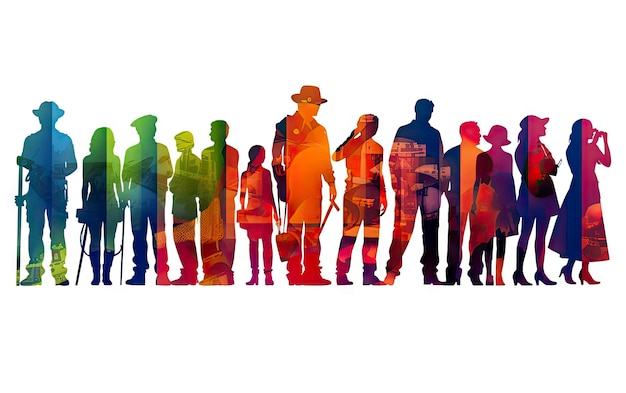 A group of people with a rainbow background