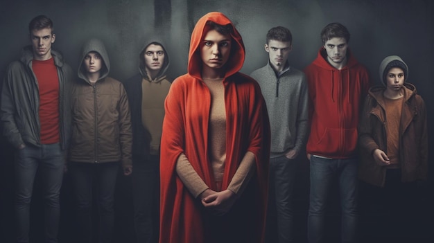 A group of people with red hoodies standing in front of a group of people.