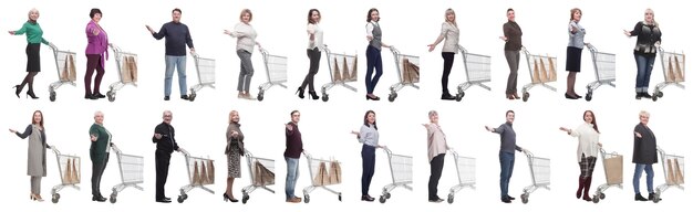 Group of people with shopping cart on white