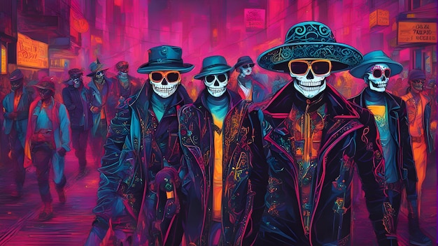 Group of people with skull makeup in a night city 3D rendering