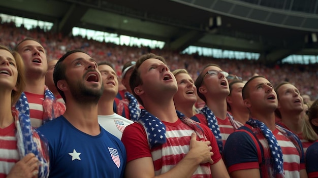 A group of people with their arms up, one wearing a red, white, and blue shirt with the american flag on it.