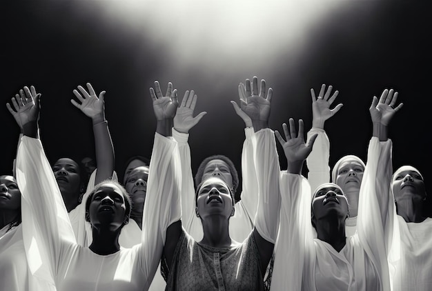 a group of people with their hands raised in a congregation in the style of angelic photograph