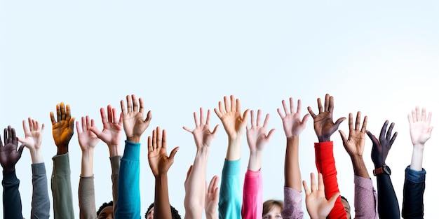 a group of people with their hands raised up