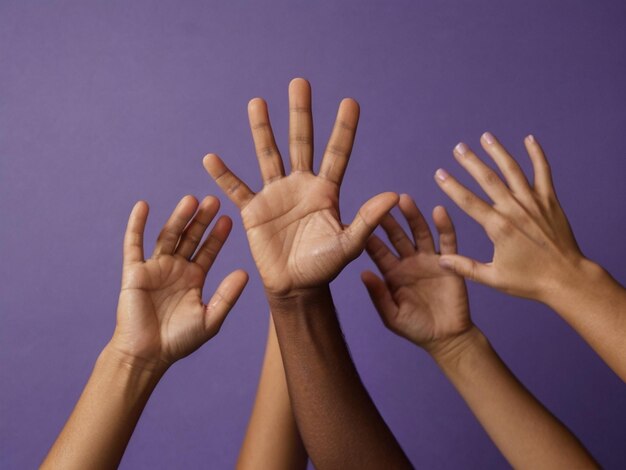 a group of people with their hands reaching up in the air