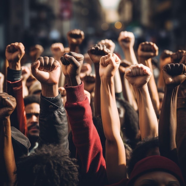 Photo group of people with their hands up in the shape of a fist of different ethnicities marching on the street